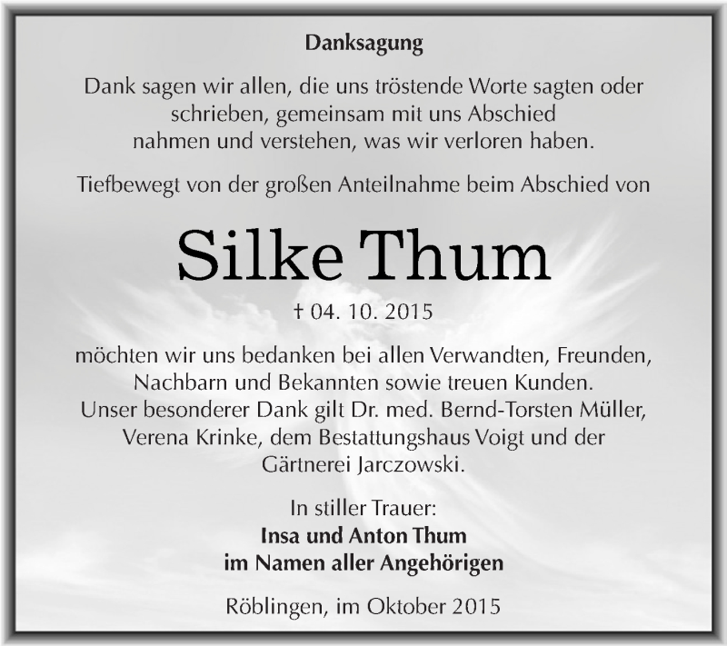  Traueranzeige für Silke Thum vom 31.10.2015 aus Super Sonntag SGH Mansf. Land
