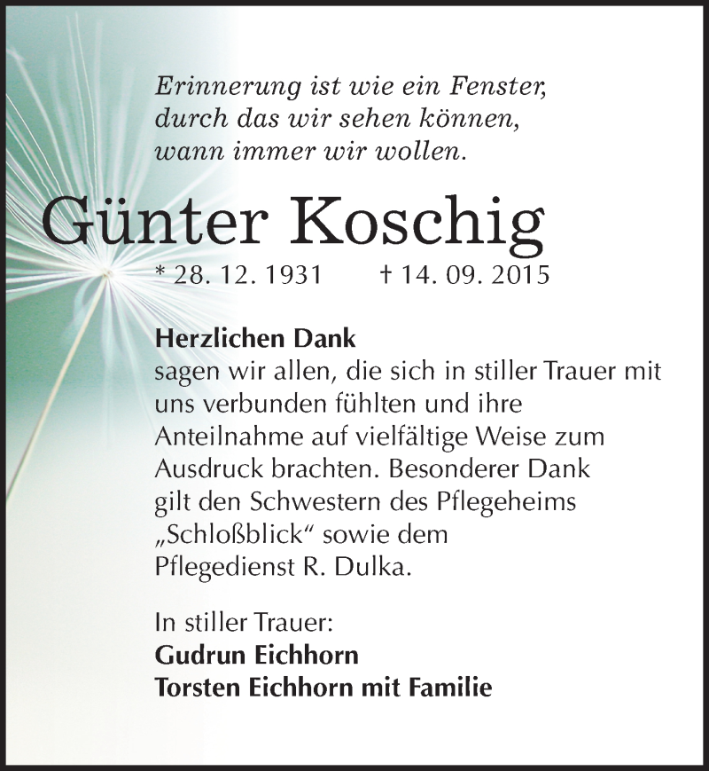  Traueranzeige für Günter Koschig vom 02.10.2015 aus Mitteldeutsche Zeitung Weißenfels