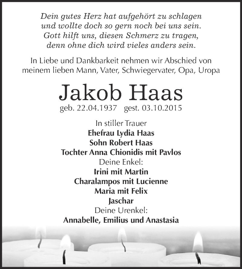  Traueranzeige für Jakob Haas vom 10.10.2015 aus Super Sonntag Zeitz