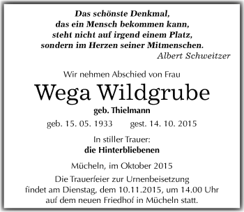 Traueranzeige von Wega Wildgrube von Mitteldeutsche Zeitung Merseburg/Querfurt