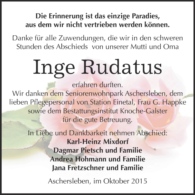  Traueranzeige für Inge Rudatus vom 31.10.2015 aus Super Sonntag Aschersleben