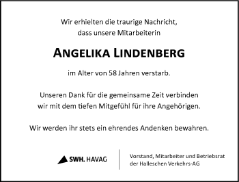 Traueranzeige von Angelika Lindenberg von Mitteldeutsche Zeitung Halle/Saalkreis