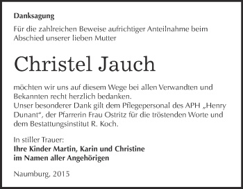 Traueranzeige von Christel Jauch von WVG - Wochenspiegel NMB / WSF / ZTZ