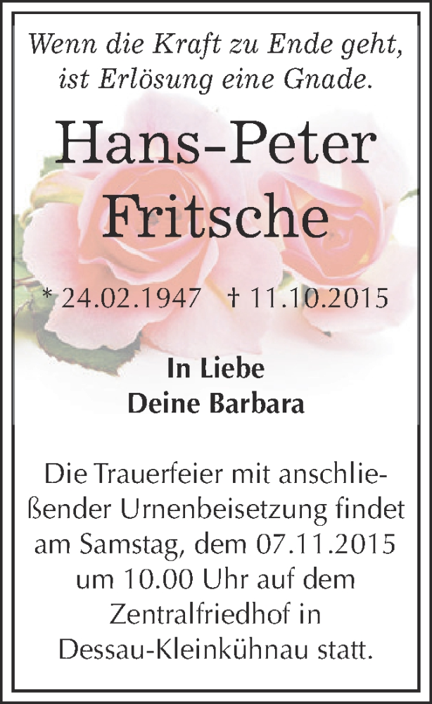  Traueranzeige für Hans-Peter Fritsche vom 24.10.2015 aus WVG - Wochenspiegel Dessau / Köthen