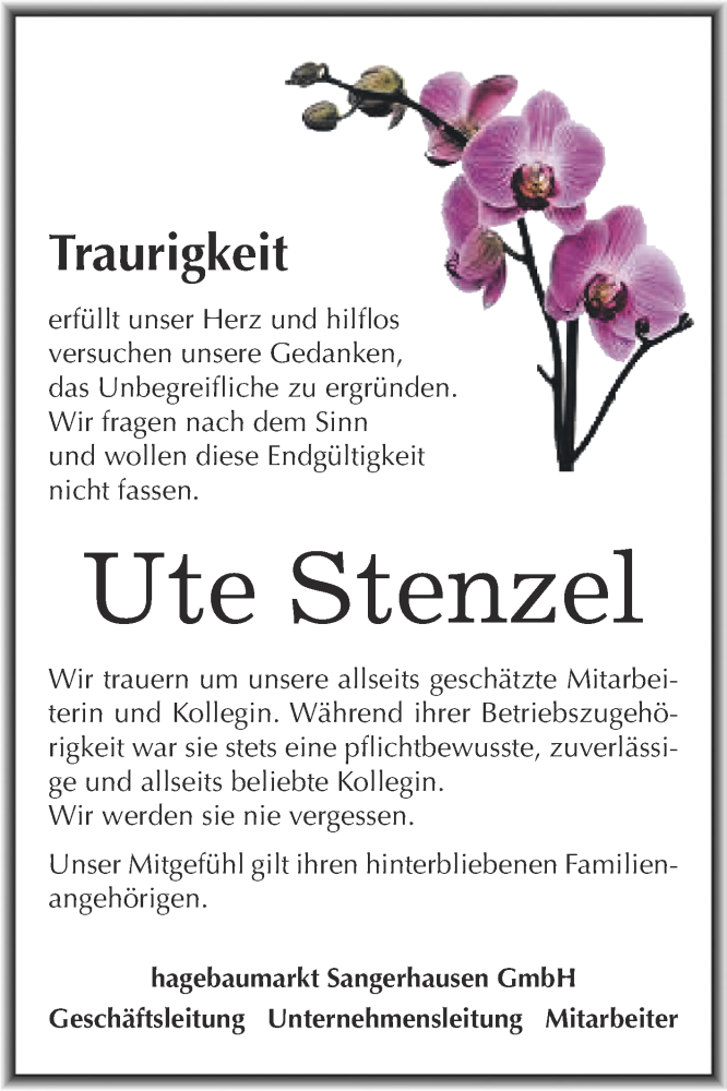  Traueranzeige für Ute Stenzel vom 17.10.2015 aus Super Sonntag SGH Mansf. Land