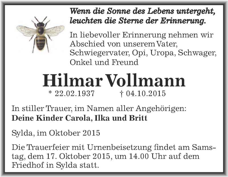  Traueranzeige für Hilmar Vollmann vom 10.10.2015 aus Super Sonntag SGH Mansf. Land