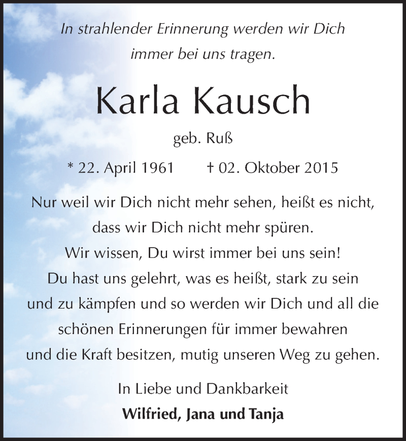  Traueranzeige für Karla Kausch vom 17.10.2015 aus Mitteldeutsche Zeitung Halle/Saalkreis