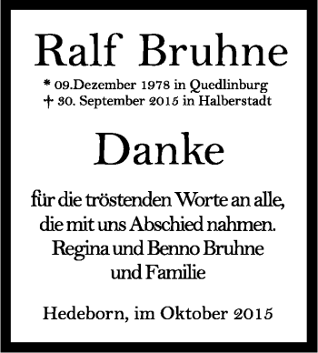 Traueranzeige von Ralf Bruhne von Mitteldeutsche Zeitung Quedlinburg