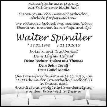 Traueranzeige von Walter Spindler von WVG - Wochenspiegel Dessau / Köthen