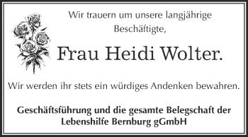 Traueranzeige von Heidi Wolter von WVG - Wochenspiegel Bernburg