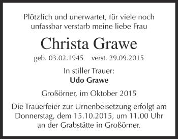 Traueranzeige von Christa Grawe von Wochenspiegel Mansfelder Land