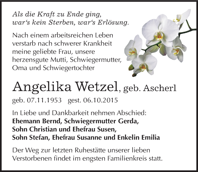  Traueranzeige für Angelika Wetzel vom 10.10.2015 aus Mitteldeutsche Zeitung Bernburg