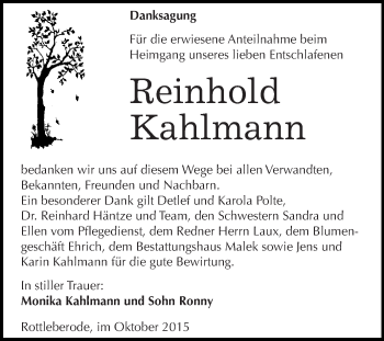 Traueranzeige von Reinhold Kahlmann von Super Sonntag SGH Mansf. Land