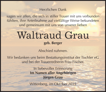 Traueranzeige von Waltraud Grau von Mitteldeutsche Zeitung Wittenberg