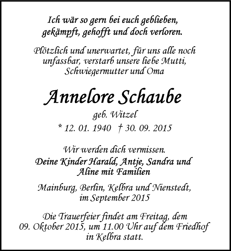  Traueranzeige für Annelore Schaube vom 07.10.2015 aus Mitteldeutsche Zeitung Sangerhausen