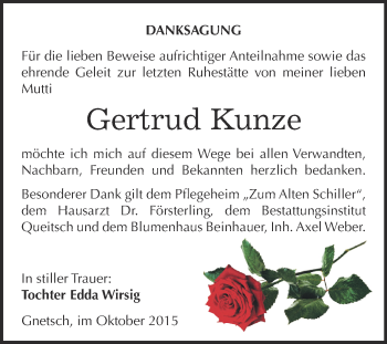 Traueranzeige von Gertrud Kunze von WVG - Wochenspiegel Dessau / Köthen