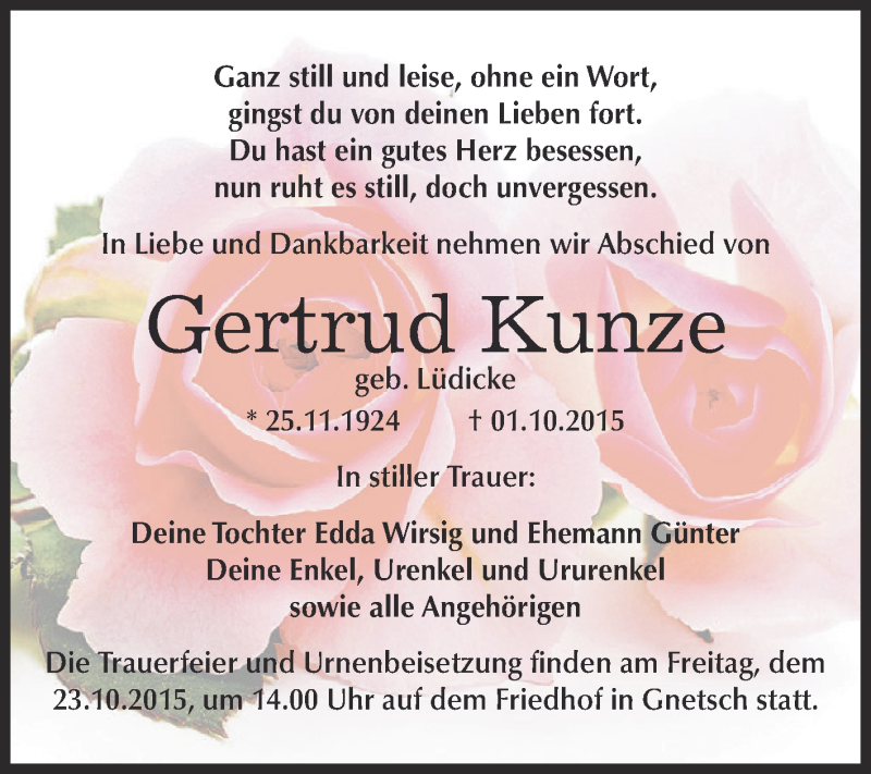  Traueranzeige für Gertrud Kunze vom 10.10.2015 aus WVG - Wochenspiegel Dessau / Köthen