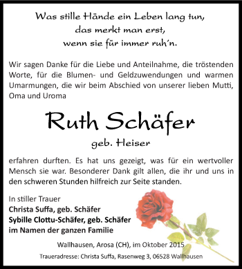 Traueranzeige von Ruth Schäfer von Super Sonntag SGH Mansf. Land