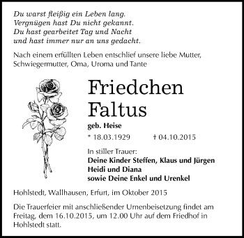 Traueranzeige von Friedchen Faltus von Mitteldeutsche Zeitung Sangerhausen