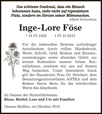 Traueranzeige von Inge-Lore Föse von WVG - Wochenspiegel Dessau / Köthen