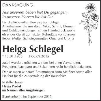 Traueranzeige von Helga Schlegel von Super Sonntag SGH Mansf. Land
