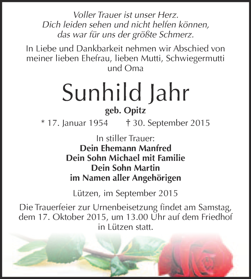  Traueranzeige für Sunhild Jahr vom 07.10.2015 aus Super Sonntag Merseburg