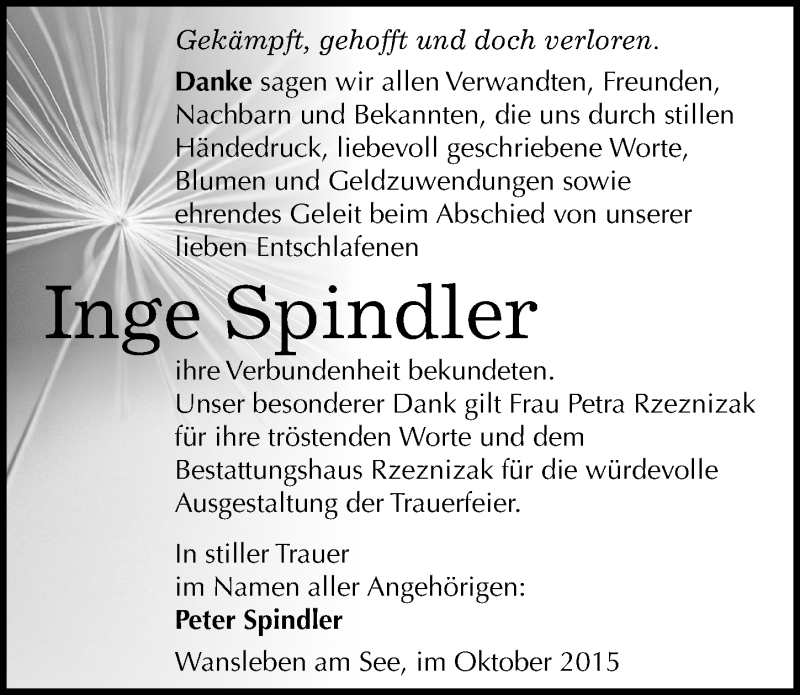 Traueranzeige für Inge Spindler vom 17.10.2015 aus Mitteldeutsche Zeitung Mansfelder Land