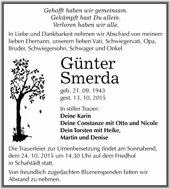 Traueranzeige von Günter Smerda von WVG - Wochenspiegel Merseburg