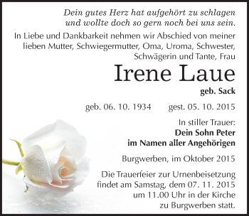 Traueranzeige von Irene Laue von Mitteldeutsche Zeitung Weißenfels