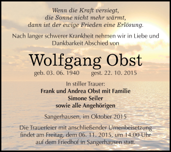 Traueranzeige von Wolfgang Obst von Super Sonntag SGH Mansf. Land