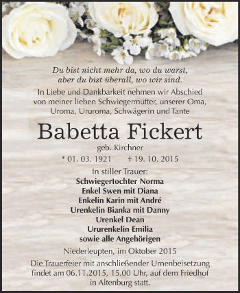 Traueranzeige von Babetta Fickert von WVG - Wochenspiegel NMB / WSF / ZTZ
