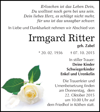 Traueranzeige von Irmgard Ritter von WVG - Wochenspiegel Dessau / Köthen