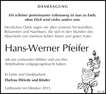 Traueranzeige von Hans-Werner Pfeifer von WVG - Wochenspiegel NMB / WSF / ZTZ