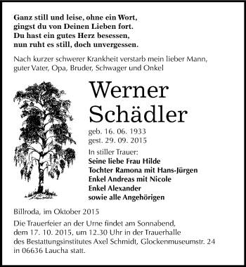 Traueranzeige von Werner Schädler von Mitteldeutsche Zeitung Naumburg/Nebra