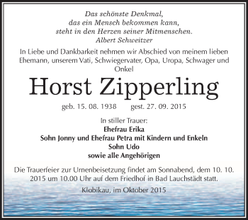 Traueranzeige von Horst Zipperling von WVG - Wochenspiegel Merseburg