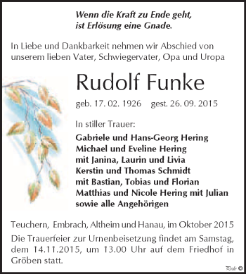 Traueranzeige von Rudolf Funke von WVG - Wochenspiegel NMB / WSF / ZTZ
