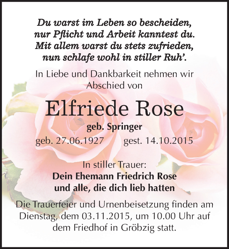  Traueranzeige für Elfriede Rose vom 20.10.2015 aus Mitteldeutsche Zeitung Köthen