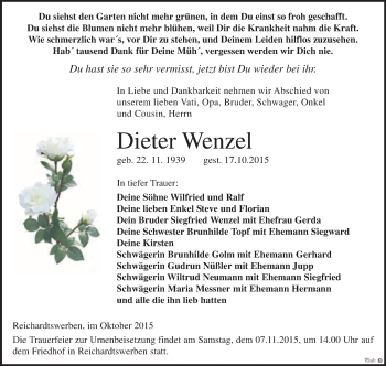 Traueranzeige von Dieter Wenzel von WVG - Wochenspiegel NMB / WSF / ZTZ
