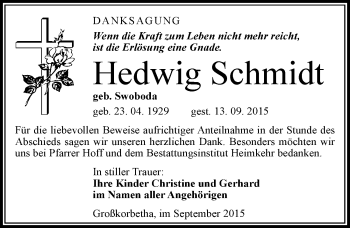 Traueranzeige von Hedwig Schmidt von Mitteldeutsche Zeitung Weißenfels