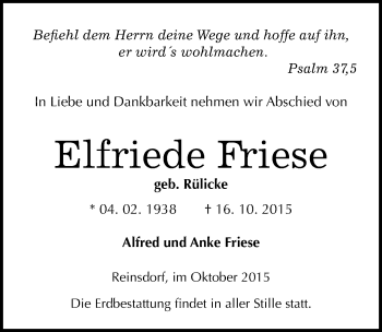 Traueranzeige von Elfriede Friese von Mitteldeutsche Zeitung Wittenberg