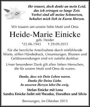 Traueranzeige von Heide-Marie Einicke von Mitteldeutsche Zeitung Sangerhausen