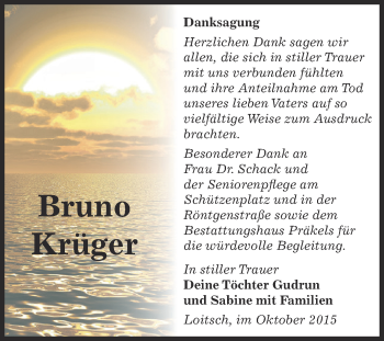 Traueranzeige von Bruno Krüger von Super Sonntag Zeitz