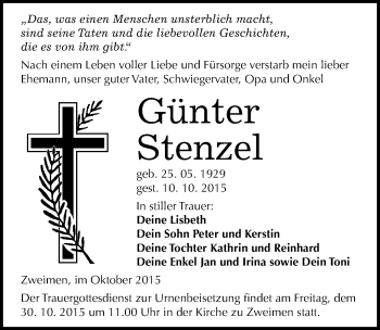 Traueranzeige von Günter Stenzel von Mitteldeutsche Zeitung Merseburg/Querfurt