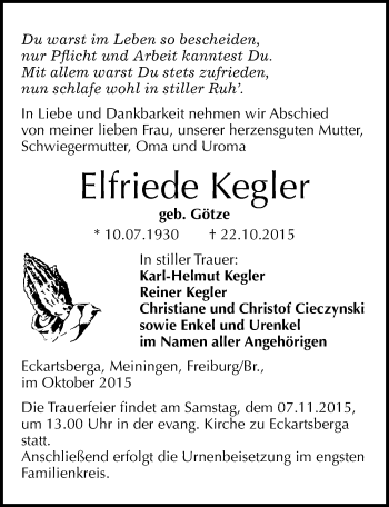 Traueranzeige von Elfriede Kegler von Mitteldeutsche Zeitung Naumburg/Nebra