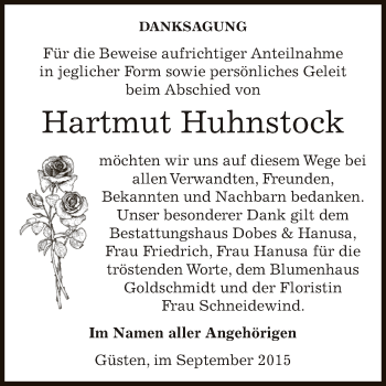 Traueranzeige von Hartmut Huhnstock von Super Sonntag Bernburg