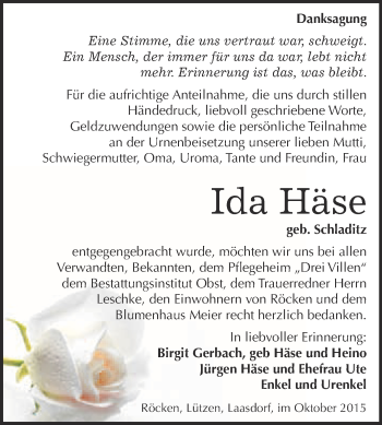 Traueranzeige von Ida Häse von Super Sonntag Merseburg