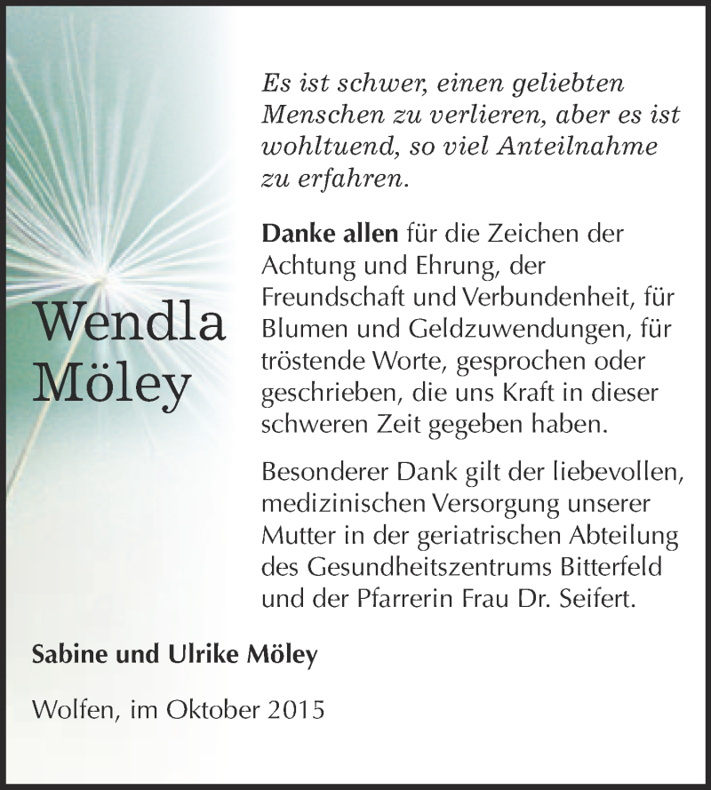  Traueranzeige für Wendla Möley vom 14.10.2015 aus WVG - Wochenspiegel Bitterfeld