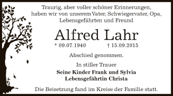 Traueranzeige von Alfred Lahr von WVG - Wochenspiegel Dessau / Köthen