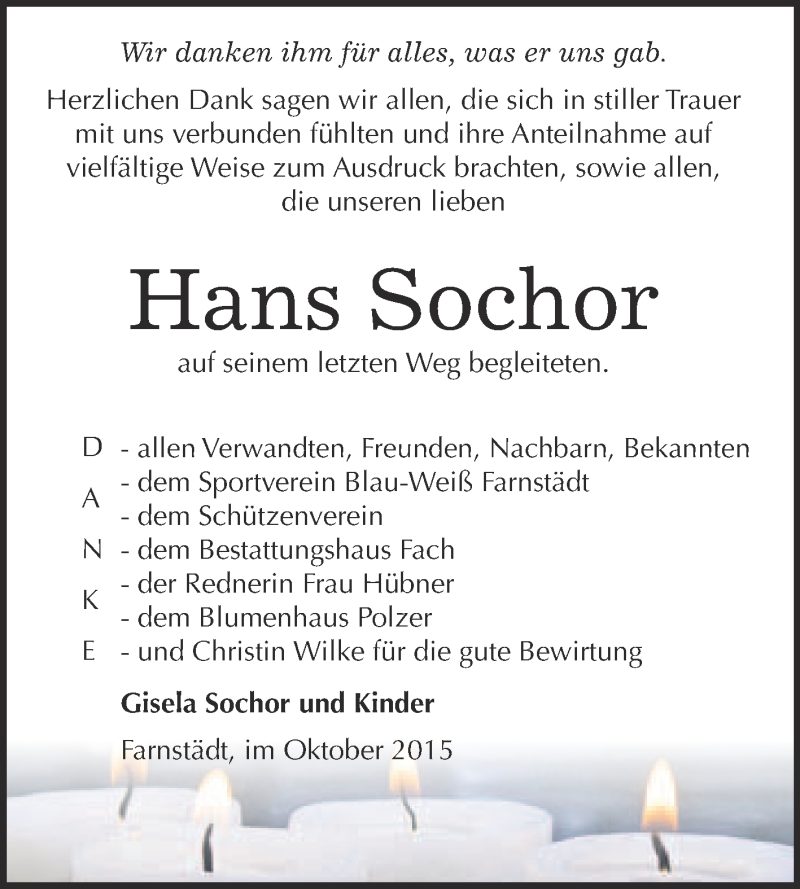  Traueranzeige für Hans Sochor vom 24.10.2015 aus WVG - Wochenspiegel Merseburg