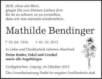 Traueranzeige von Mathilde Bendinger von WVG - Wochenspiegel Merseburg